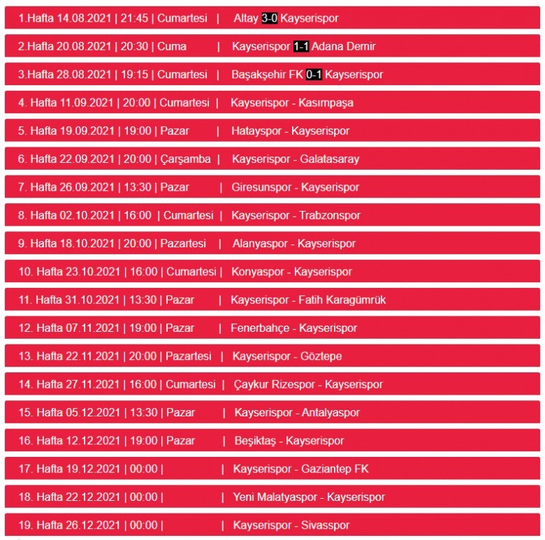 Kayserispor'un İlk Devre Fikstürü