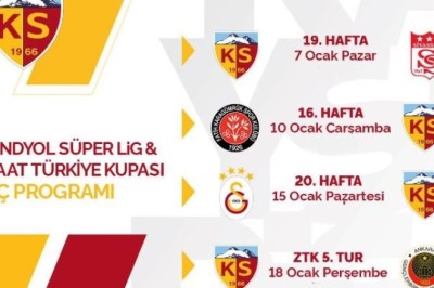Kayserispor'un Süper Lig16-19-20. Hafta ve Kupa Maçının Programı Belli Oldu.